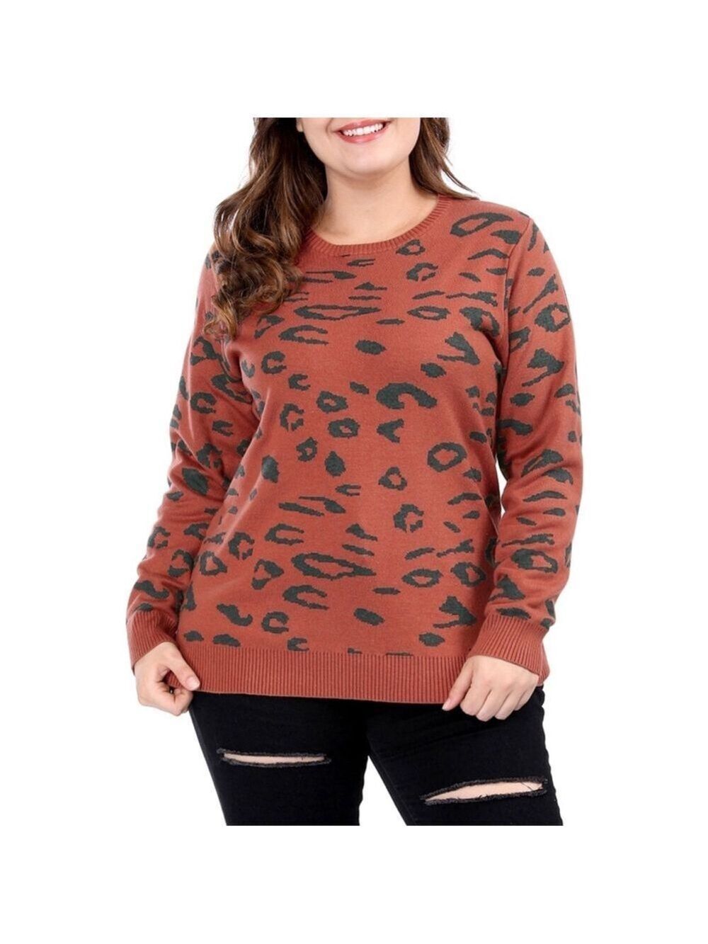 Agnes Orinda Women's Plus Leopard Print Long Sleeve Pullover Sweater